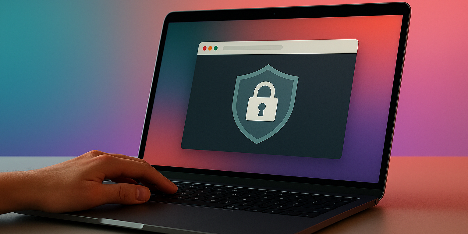A laptop screen showing a locked browser interface during a secure online exam, against a soft teal and coral gradient background.