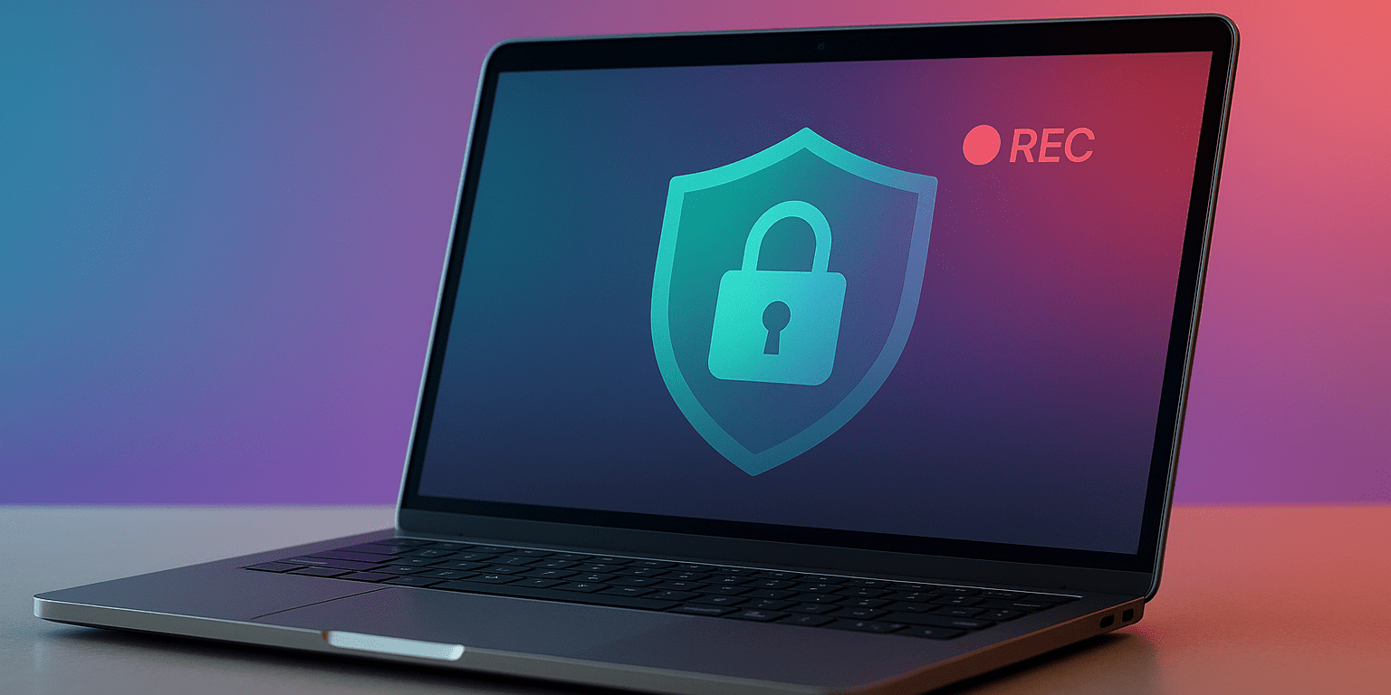 A laptop displaying a shield and padlock icon, representing secure online exam proctoring and test integrity.
