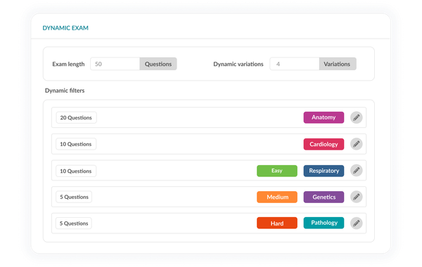 Dynamic exam rules with question pools, filters and weighting.