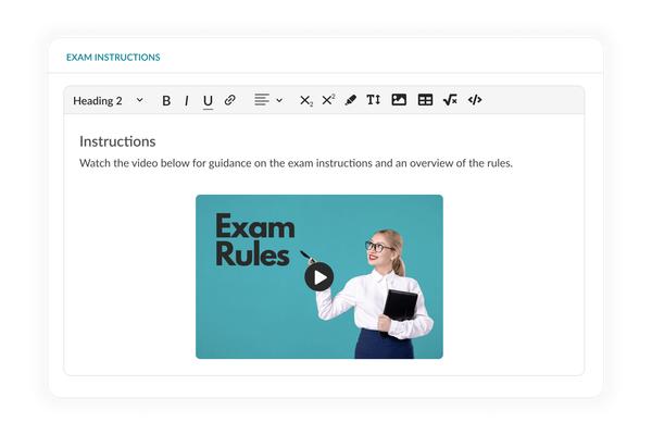 Custom exam instructions screen with video guidance and rules.