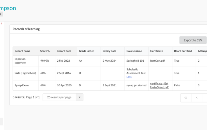 A table with records for a user on the Synap platform.