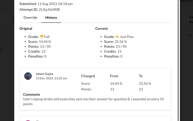 A screenshot of the results override modal on the Synap platform. James Gupta and Char have commented with changes to the grade, score and points for an attempt.