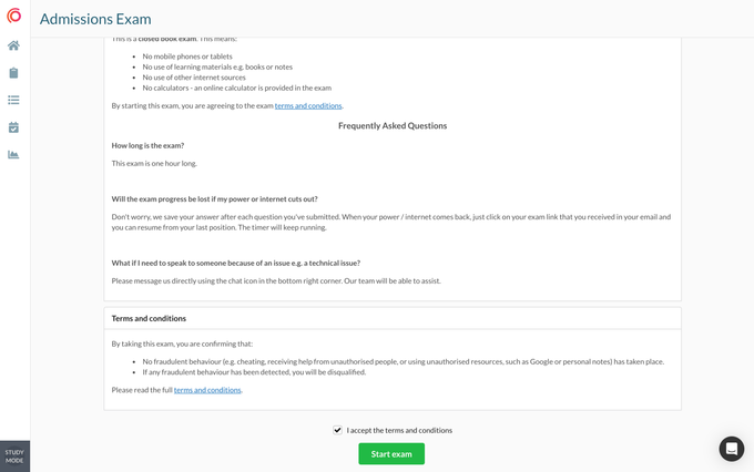 UI showing checkbox and button to accept terms and conditions before starting an exam.