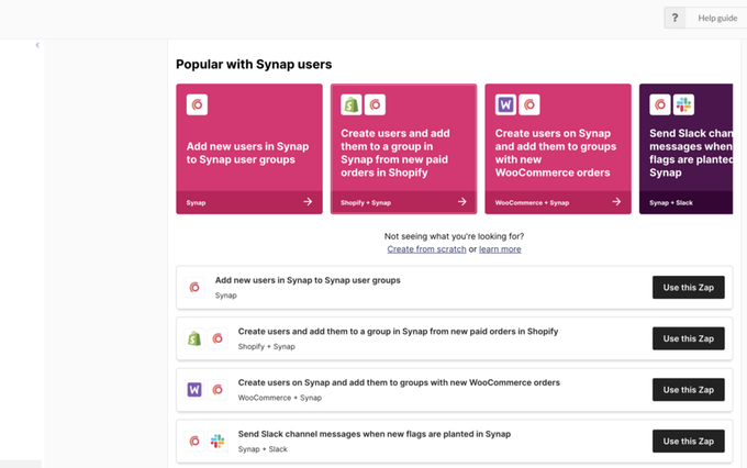 Zapier integrations page within Synap platform settings