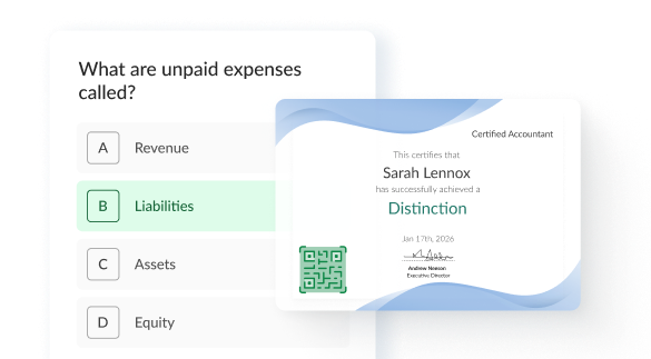 Candidate exam question alongside a verified digital certificate in Synap