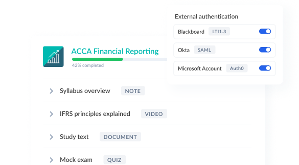Course outline with LTI and SAML external authentication options in Synap