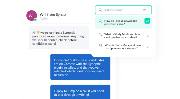 Synap live chat and help centre search for customer support