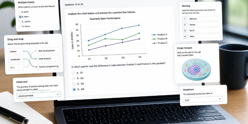 Laptop showing an online exam with interactive question types including multiple choice, drag and drop, ranking, cloze text, image hotspot, and dropdown