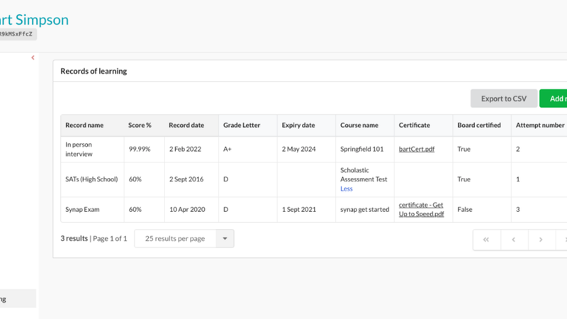 A table with records for a user on the Synap platform.