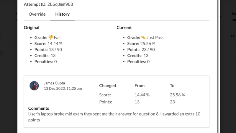 A screenshot of the results override modal on the Synap platform. James Gupta and Char have commented with changes to the grade, score and points for an attempt.