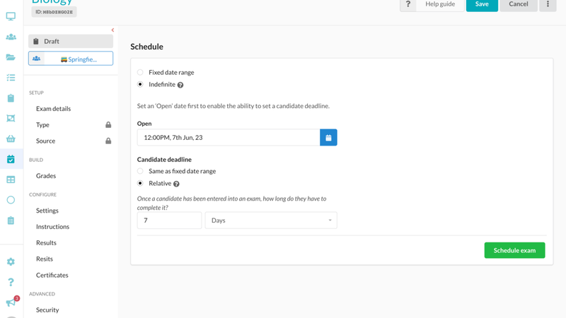 Biology exam set to an indefinite deadline within the scheduling settings on the Synap exam platform.