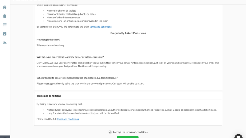 UI showing checkbox and button to accept terms and conditions before starting an exam.