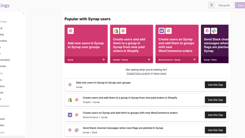 Zapier integrations page within Synap platform settings