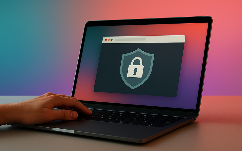 A laptop screen showing a locked browser interface during a secure online exam, against a soft teal and coral gradient background.