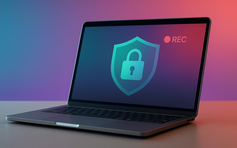 A laptop displaying a shield and padlock icon, representing secure online exam proctoring and test integrity.