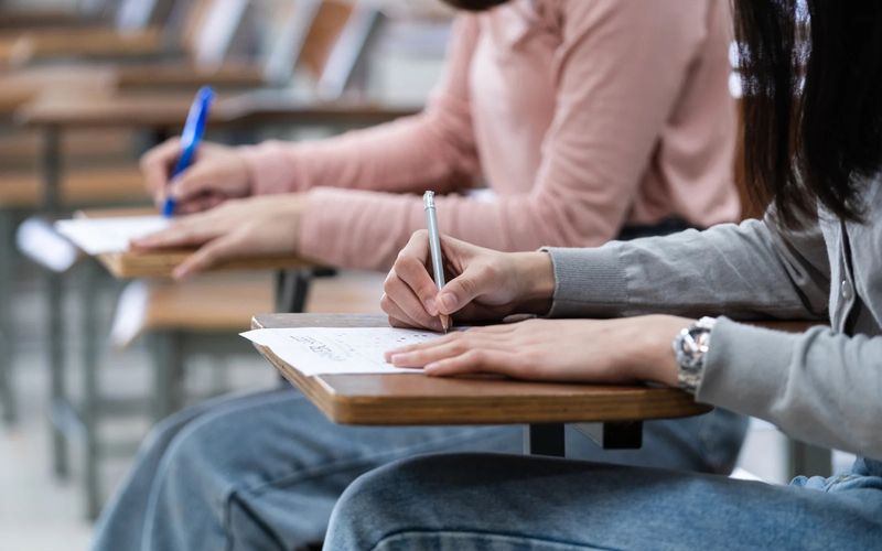 Students writing an exam in a classroom