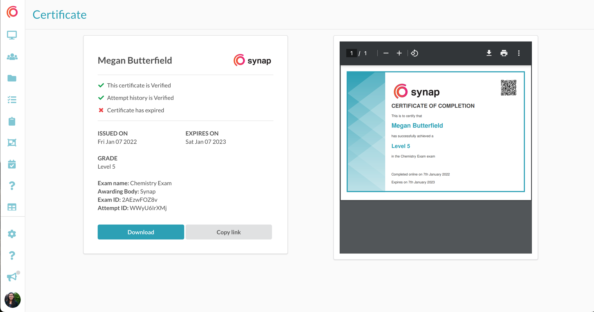 Certificate verification page