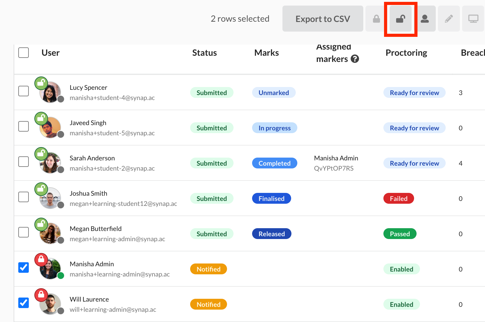 Locking and unlocking of exam attempts