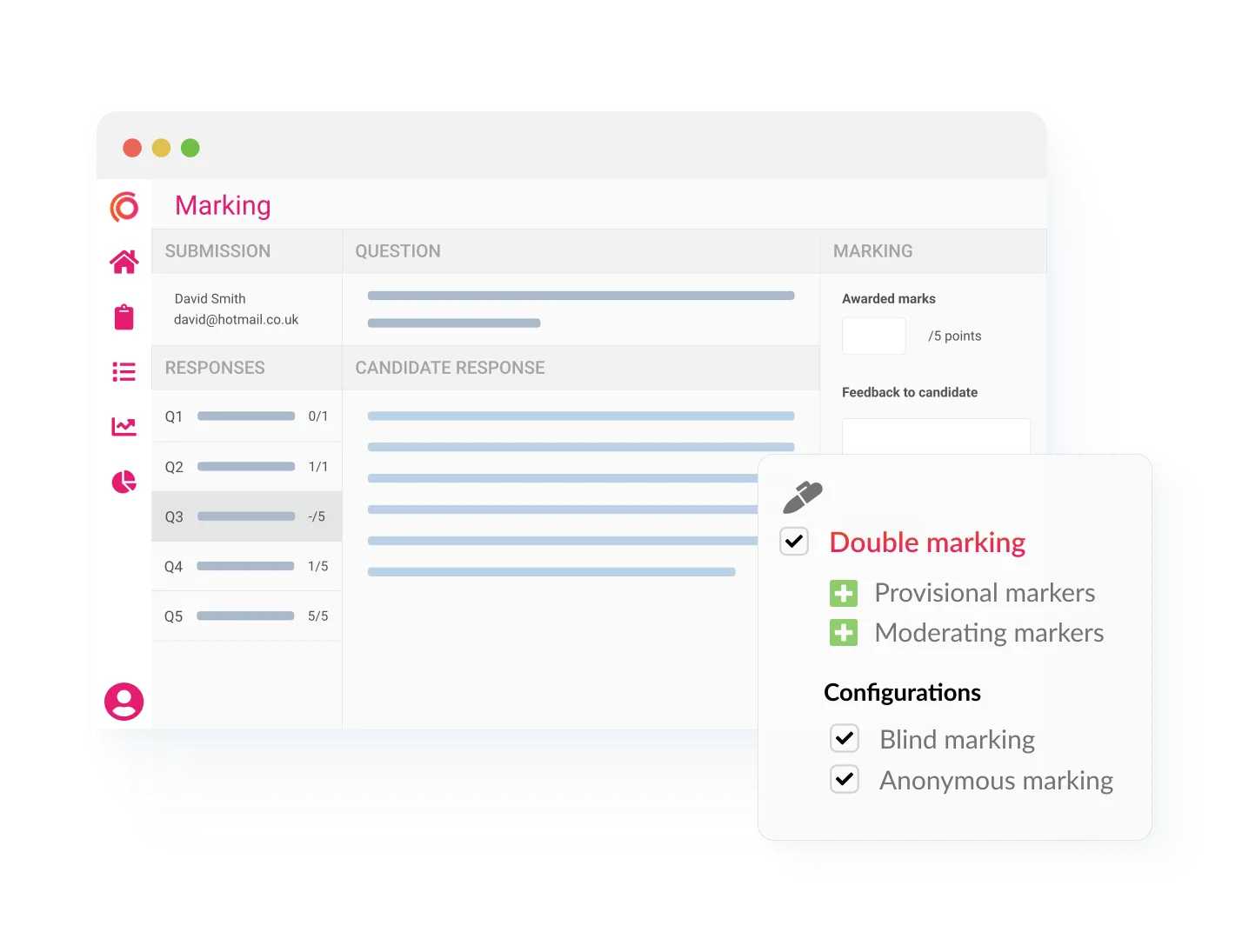 Assessment marking panel with double marking, blind marking, and anonymous reviewer options enabled