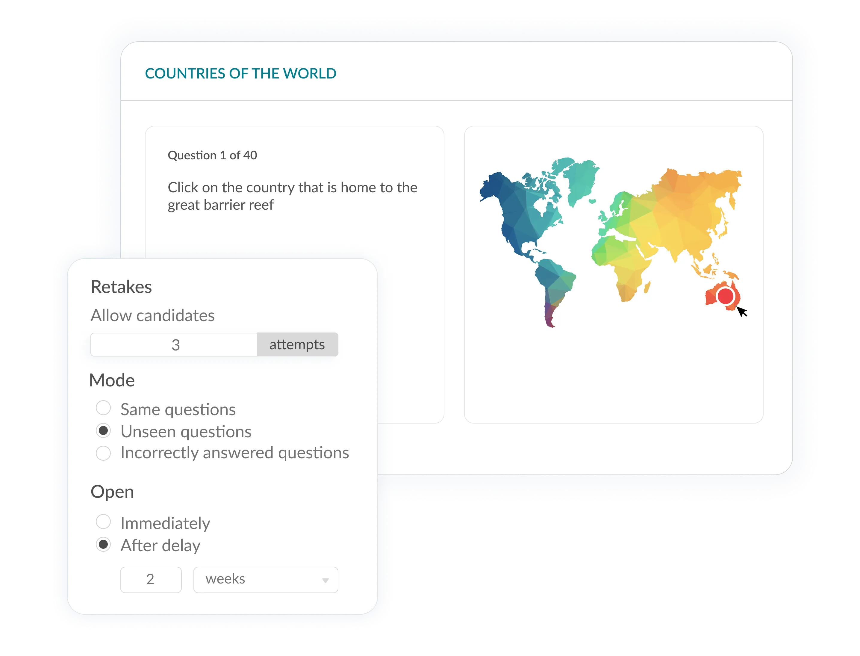 Exam settings panel showing retake options, unseen questions mode and attempt limits.