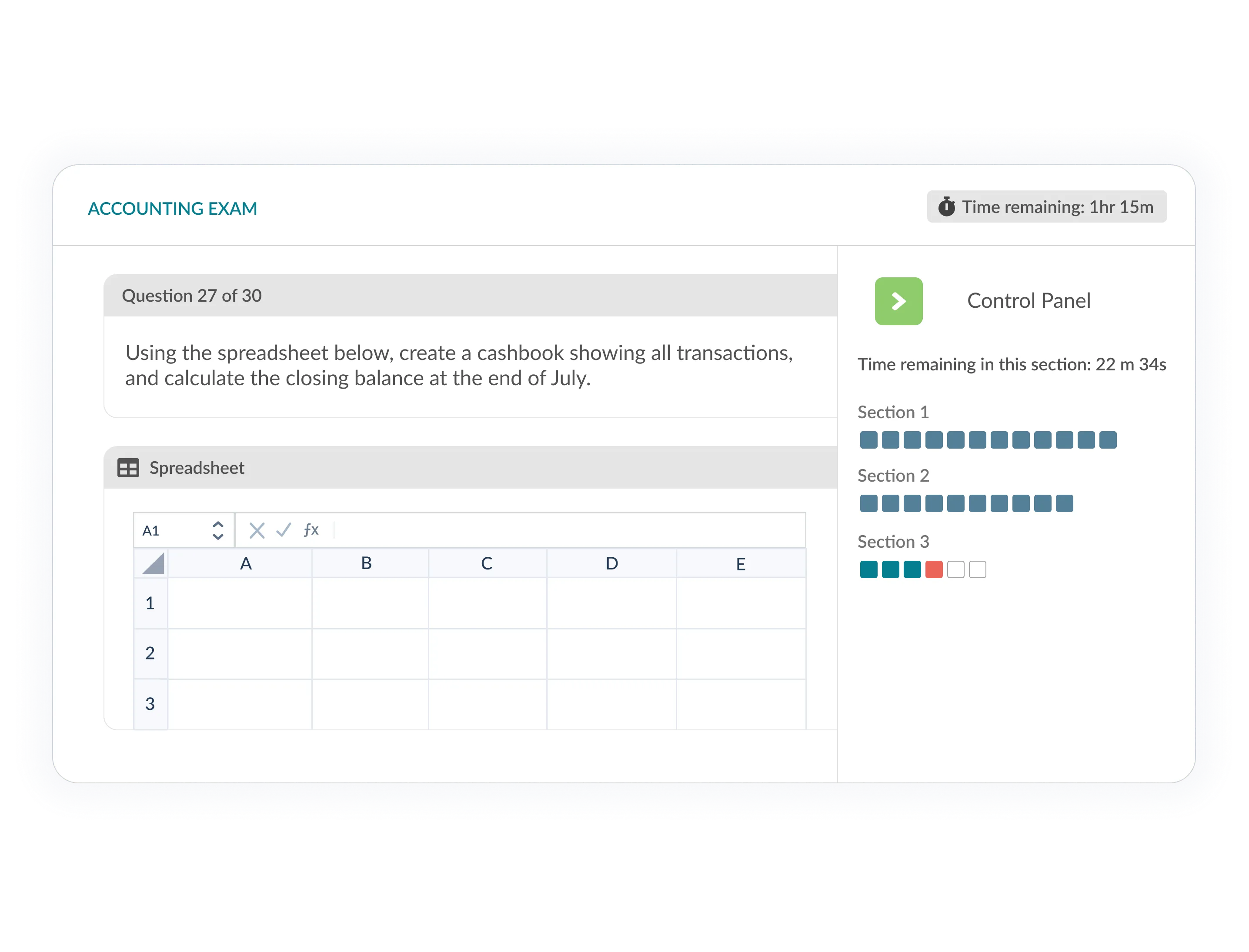 Accounting exam showing spreadsheet question and section-by-section time indicators.