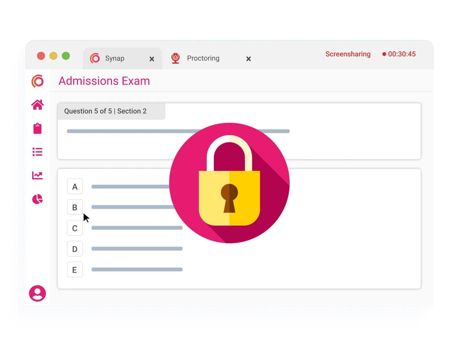 Admissions exam interface with a security overlay, indicating a locked or restricted access mode during an online assessment.