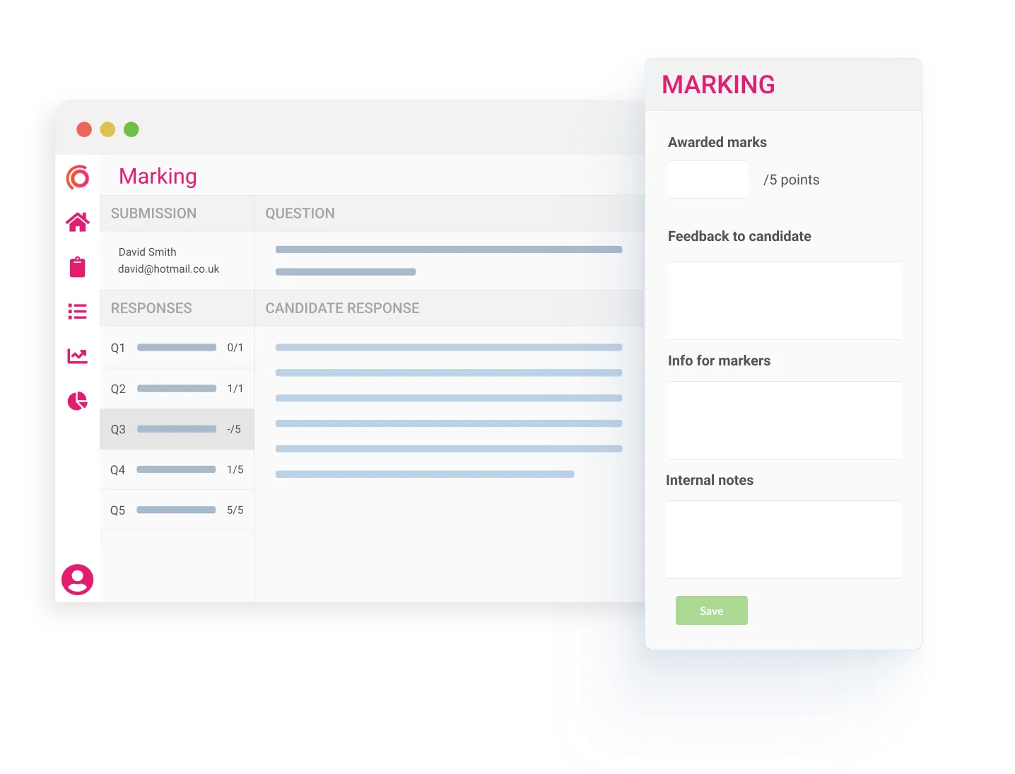 Digital marking screen showing awarded marks, candidate responses, and fields for feedback and internal notes.