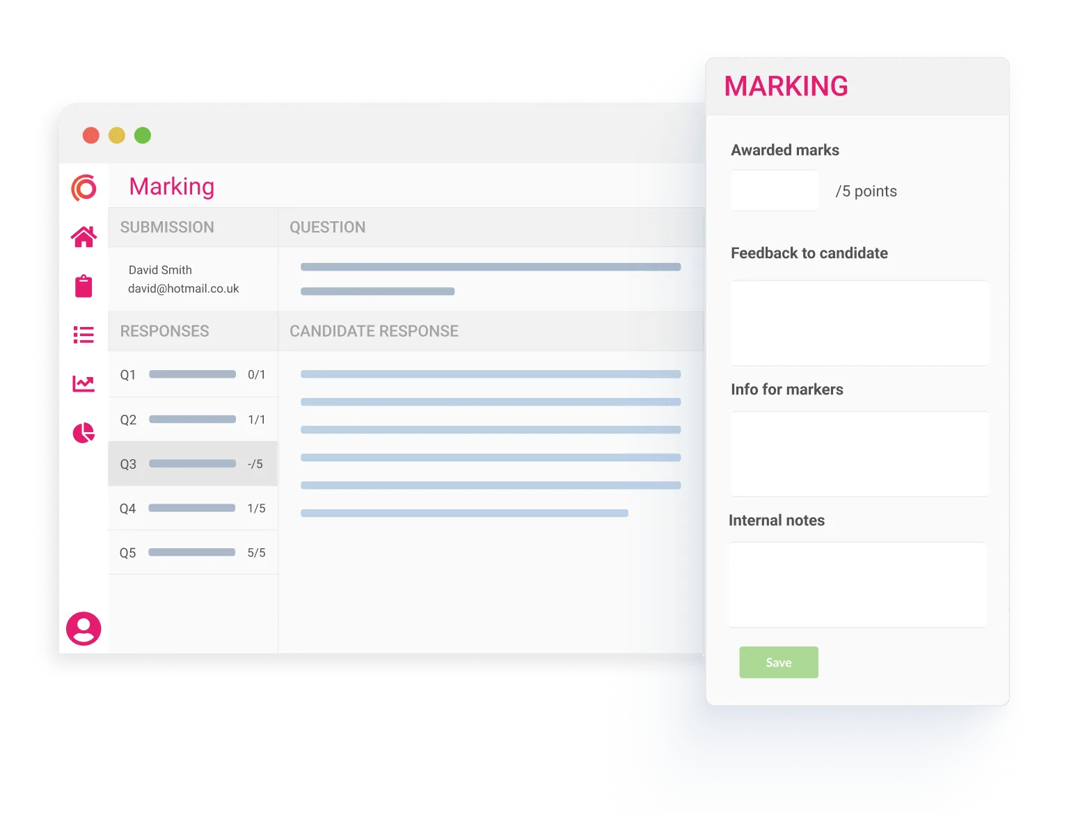Grading view on an exam platform showing student submissions, awarded marks, and sections for feedback, internal notes, and marker instructions.