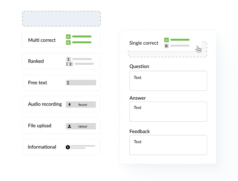 Various question types including multiple choice, ranked responses, free text, audio recording, and file upload.