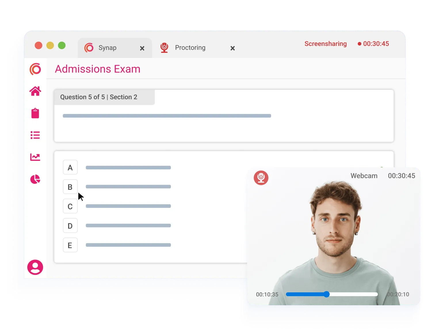 Online admissions test interface with integrated proctoring and live webcam monitoring to ensure exam integrity.