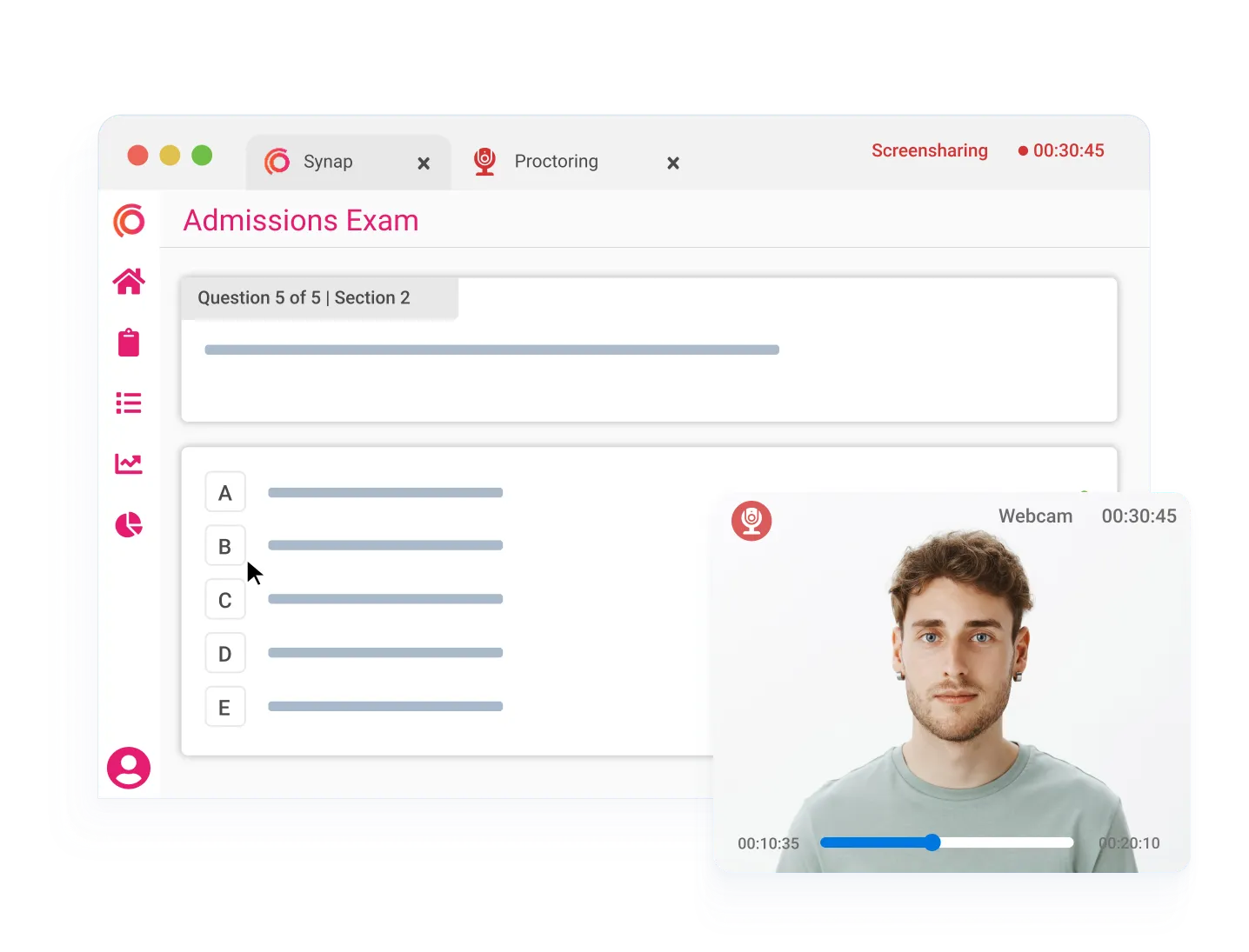 Online admissions exam with live webcam monitoring and screensharing enabled for proctoring.
