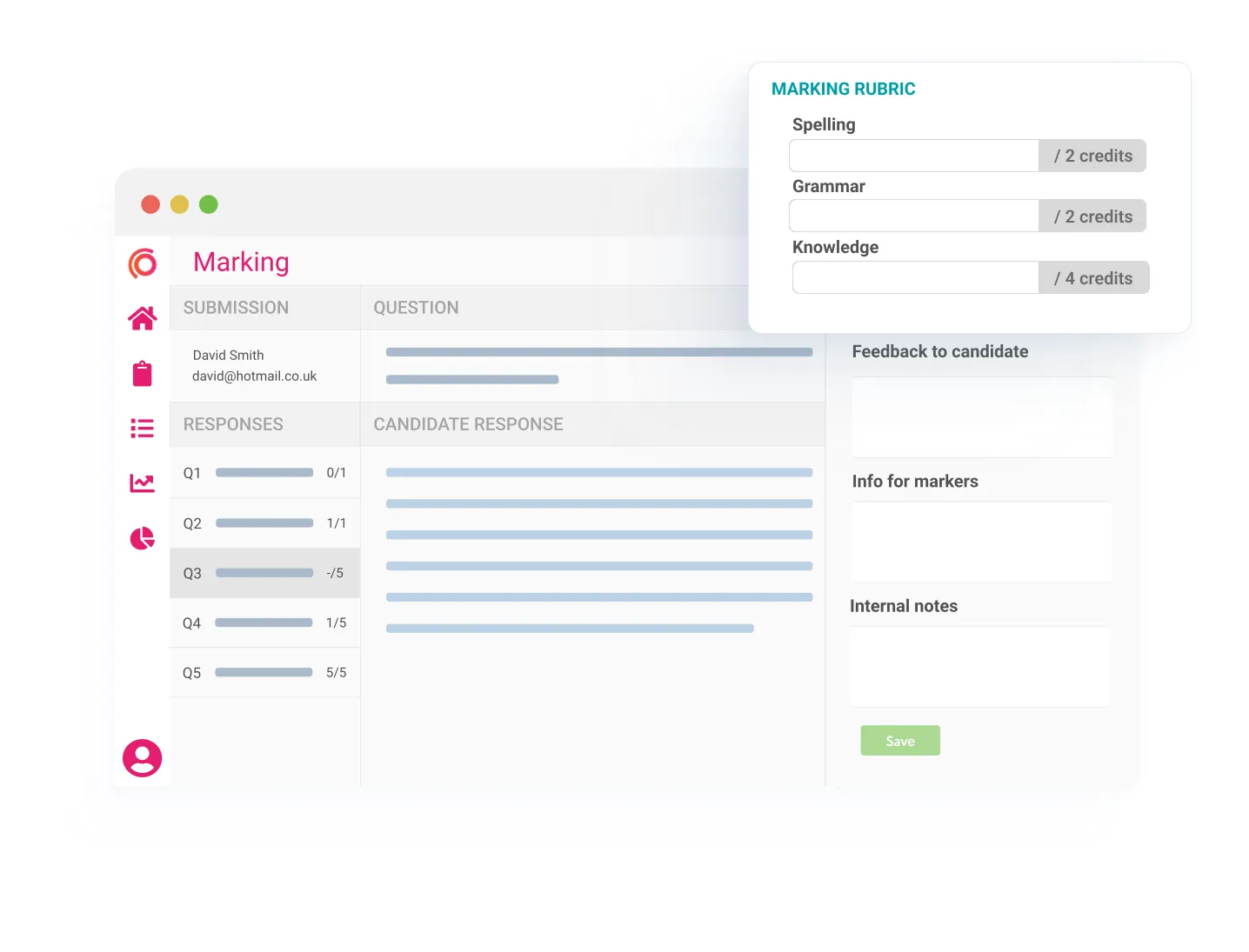 Marking interface with detailed rubric allowing credit allocation for spelling, grammar, and subject knowledge.