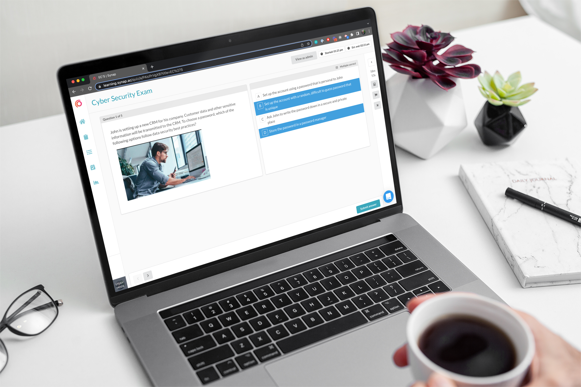 Person taking an exam on Synap platform using MacBook Pro while holding a coffee.