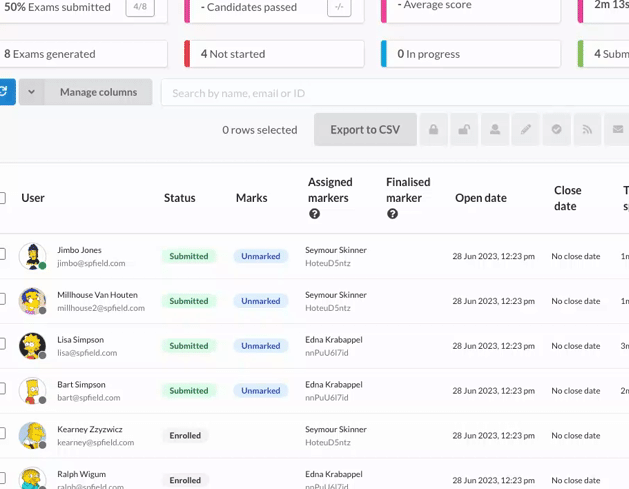 Gif showing markers being assigned to attempts in the exam users table on the Synap platform.