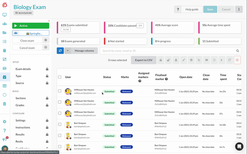 Admin revoking and restoring exam attempts within the user interface on the Synap exam platform.